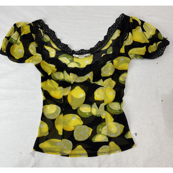 Y2K Kimchi Top Lemons Small Urban Outfitters Lace Yellow Black Cinched Sheer - Picture 4 of 9